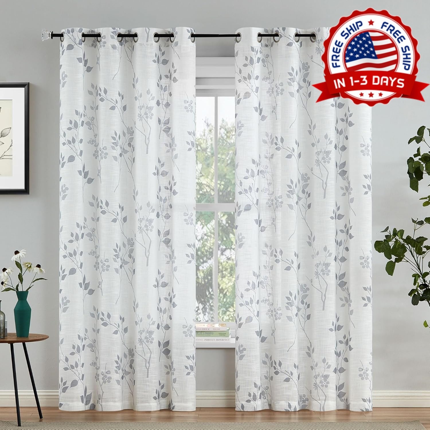 CORTINAS LINO FLORAL 84 PULGADAS DOS PANELES FILTRAN LUZ SALA CUARTO BOLSILLO