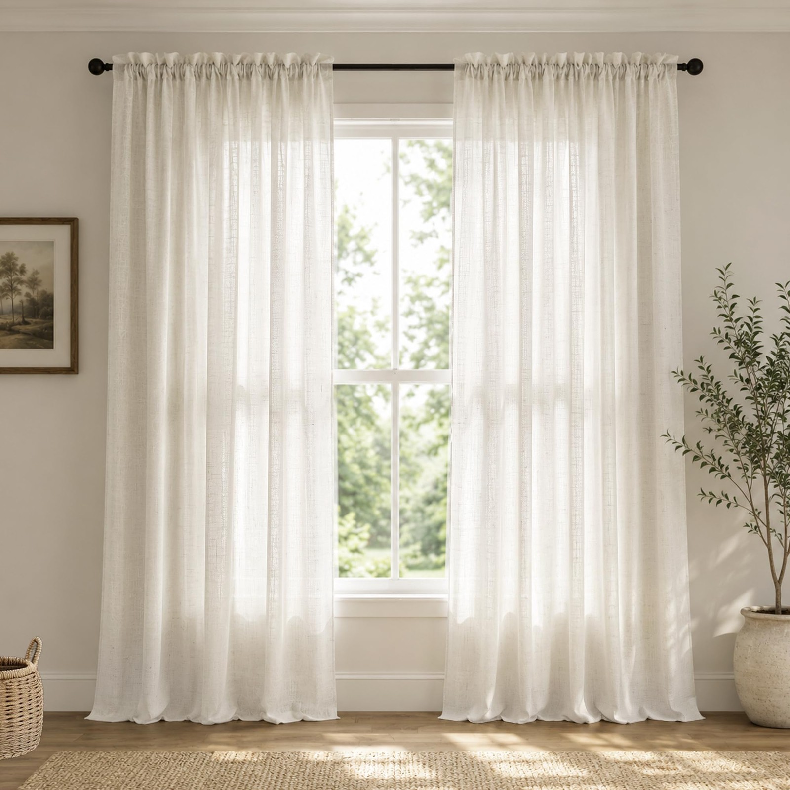 Linen Curtains for Living Room, Cream Light Filtering Cottage Core Country Fa…