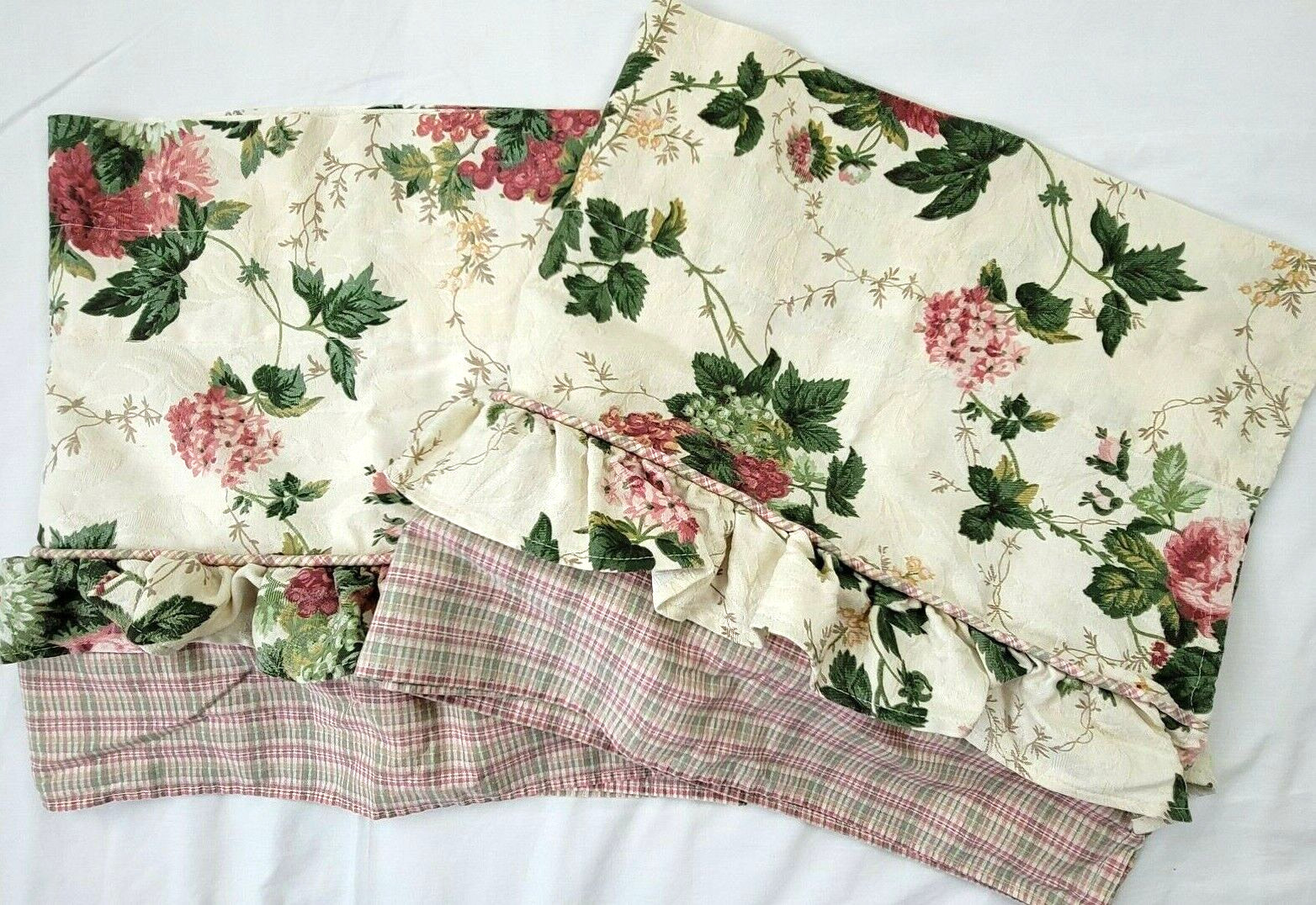 2 Waverly Roseberry Valances Floral Ruffle Plaid Check Layered Pink Green 70×16