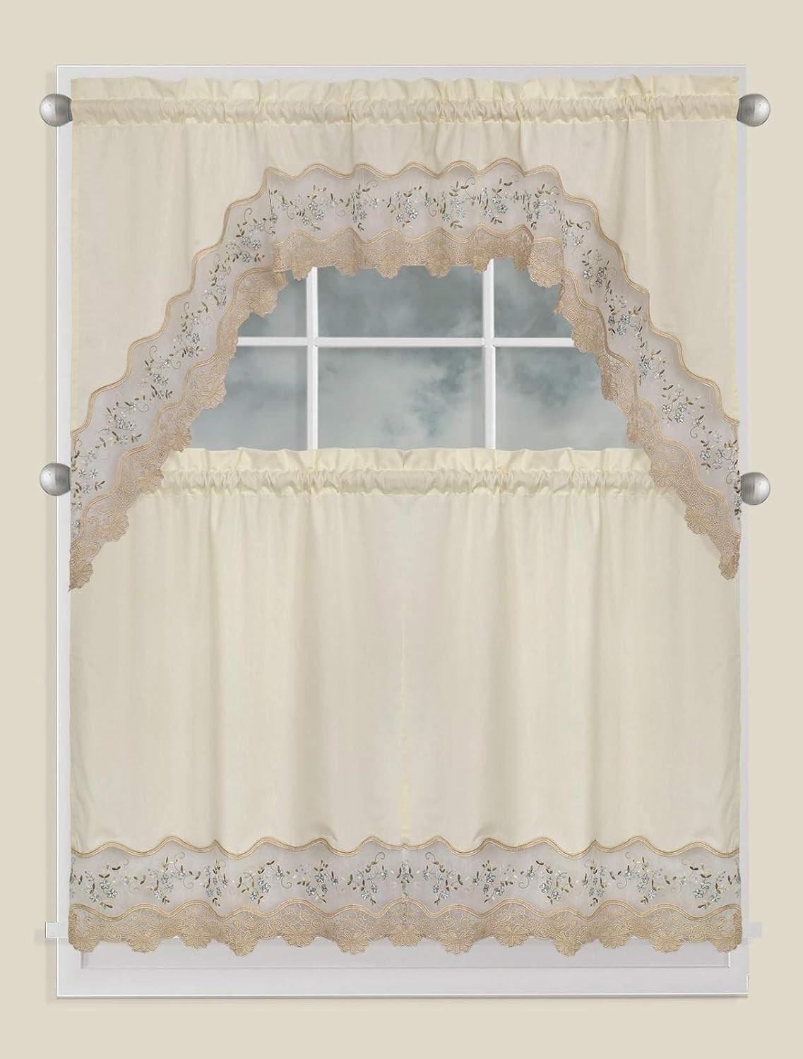Fancy Collection 3Pc Embroidery Floral Kitchen/Cafe Curtain Tier and Valance Set