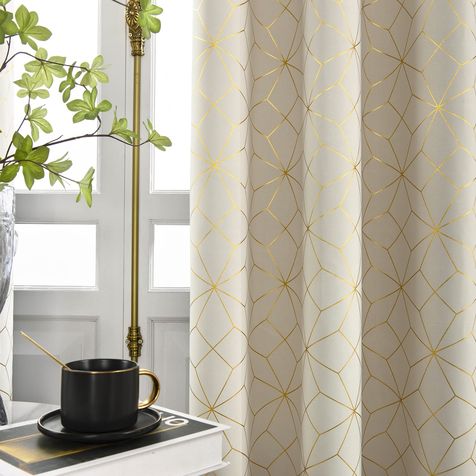 Beauoop Blackout Curtains 50″W x 84″L Beige/Gold Moroccan Grommet Set of 2