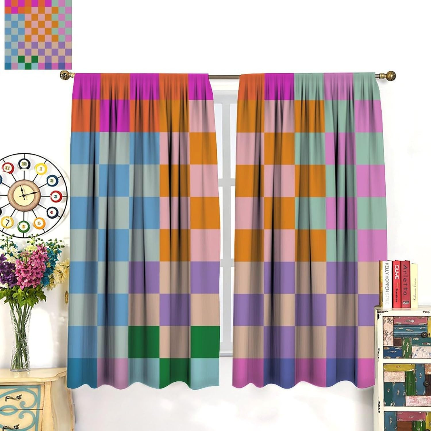 Retro Checkered Window Curtain, Colorful Geometric Modern Rainbow Groovy Simple