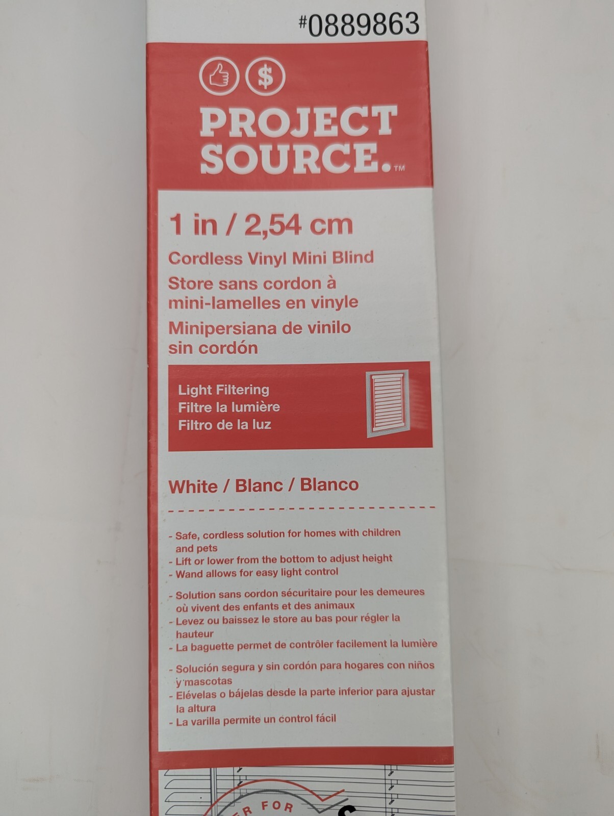 Project Source 1″ Cordless Vinyl Mini Blind, White – Size 23″ x 42″ – Child Safe