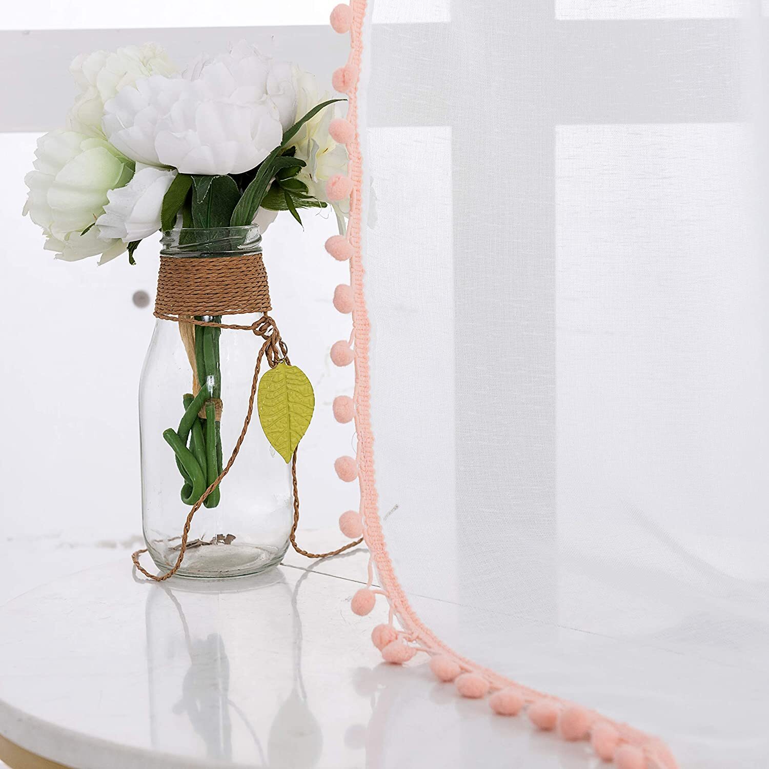 Set 2 Sheer White Pink Pom Pom Trim Curtains Panels Drapes 63 72 84 95 108 in L