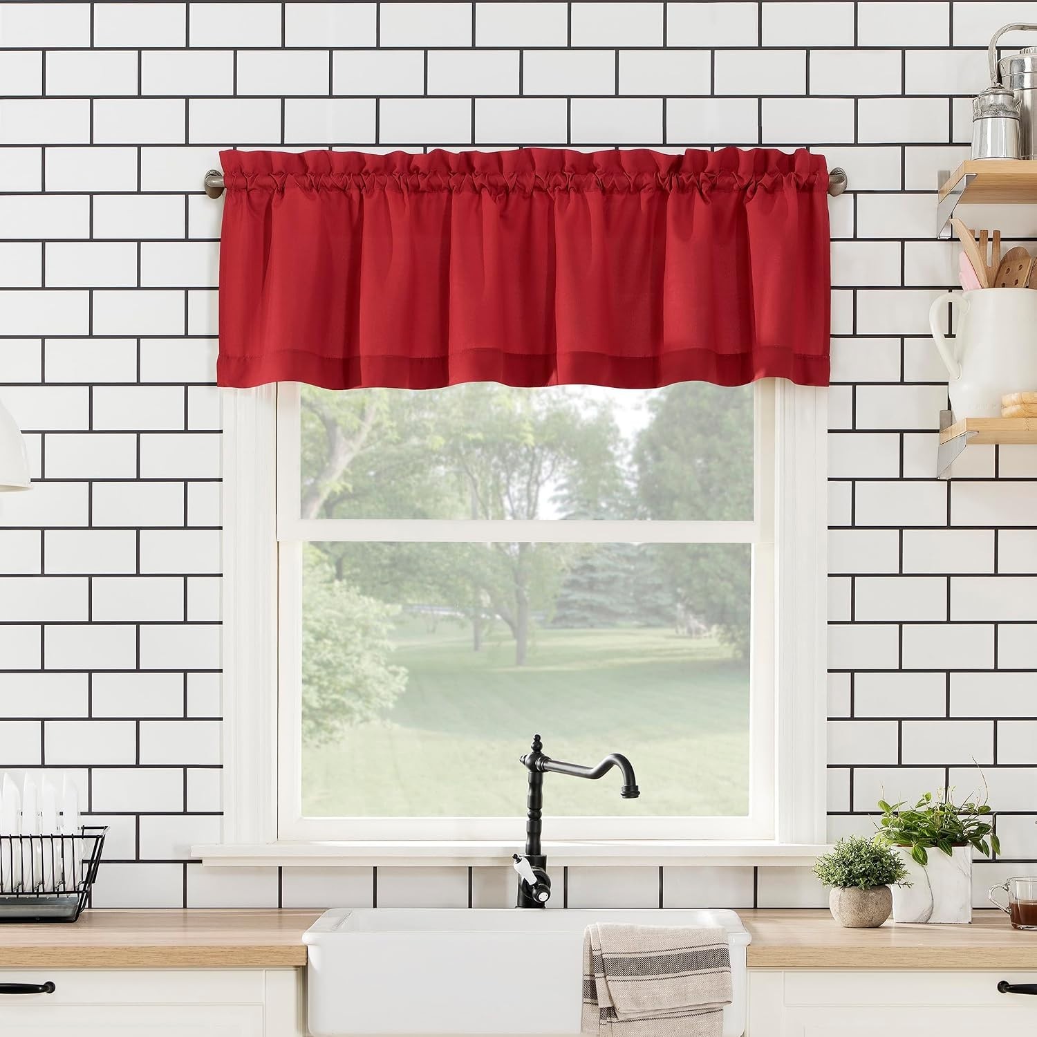Elegant Red Microfiber Semi-Sheer Rod Pocket Kitchen Curtain Set – 54″ x 24″