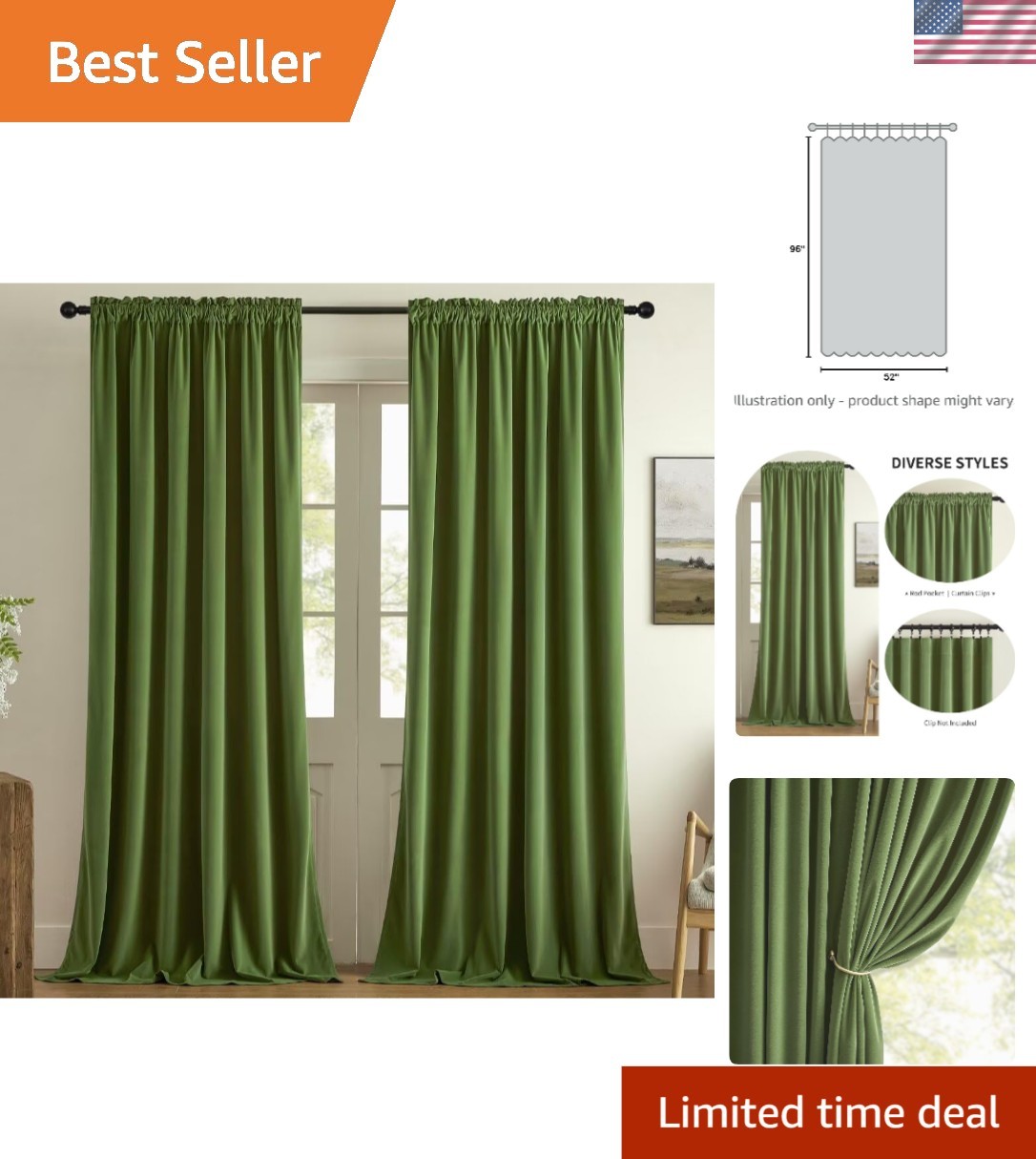 Olive Green Velvet Thermal Insulated Curtains | 2 Panels, 96 inch Length