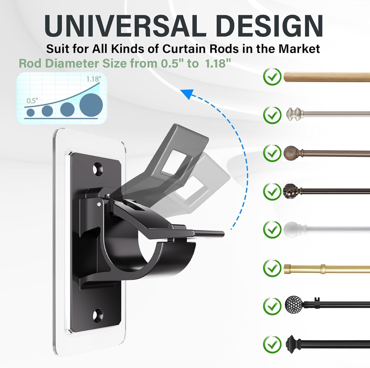 2 Pack Self Adhesive Rod Brackets,No Drill Needed Curtain Rod Holders, Nail Free