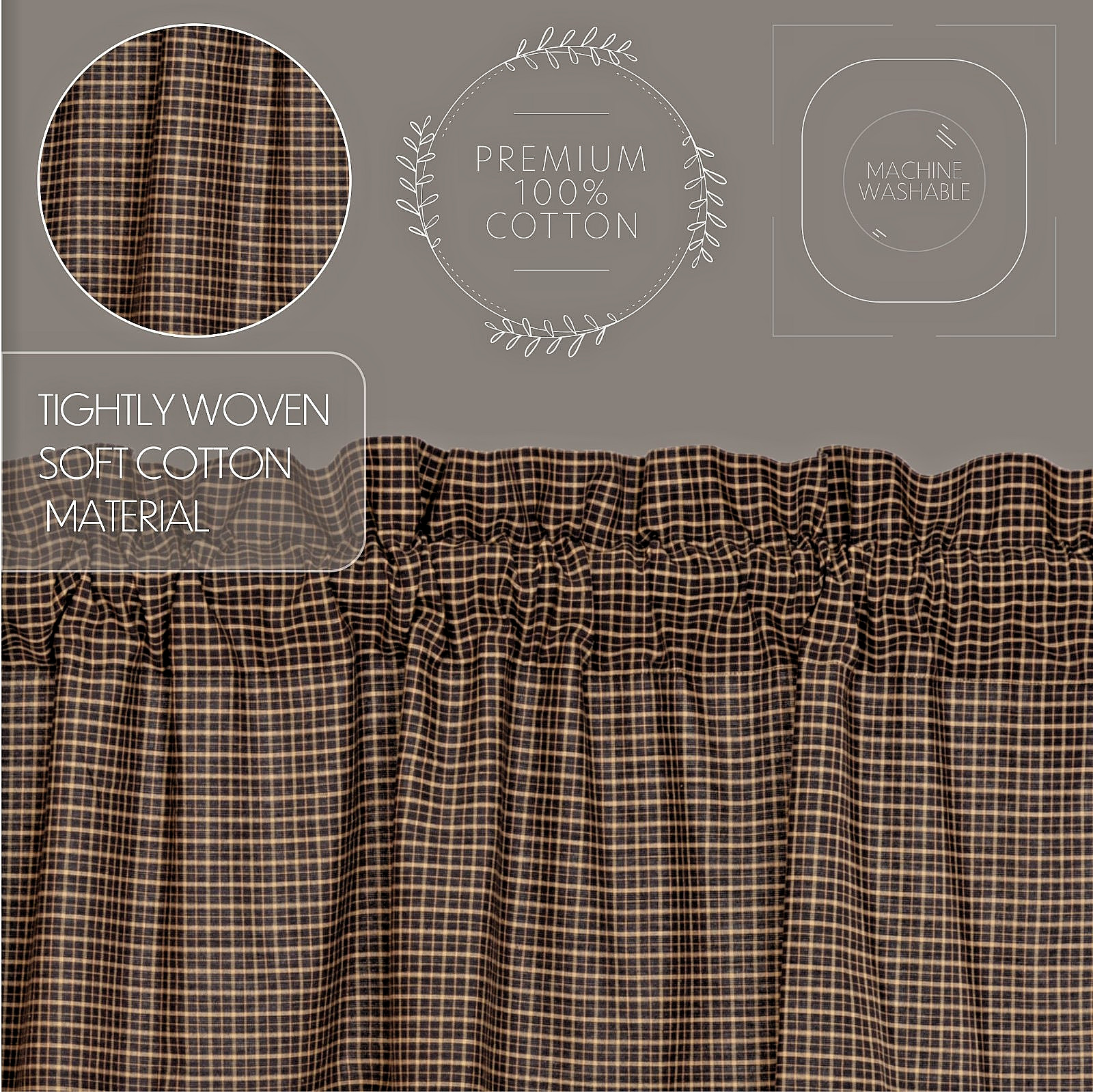 60″ W Black Plaid Balloon Valance 15″ Drop Cotton Lined Country Kettle Grove