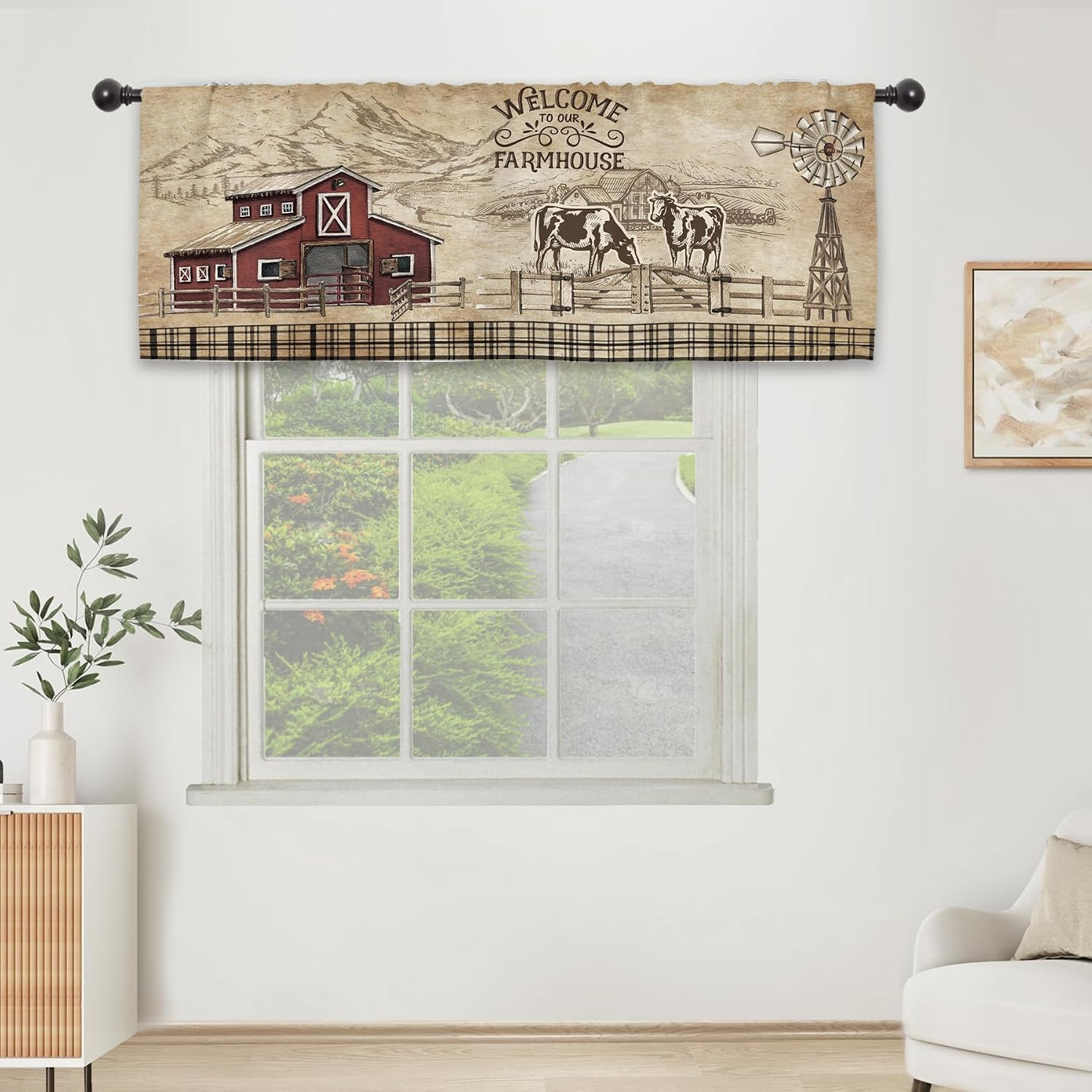 Farmhouse Farm Rustic Kitchen Curtain Valance 54W x 18L Inch Vintage Country Cow