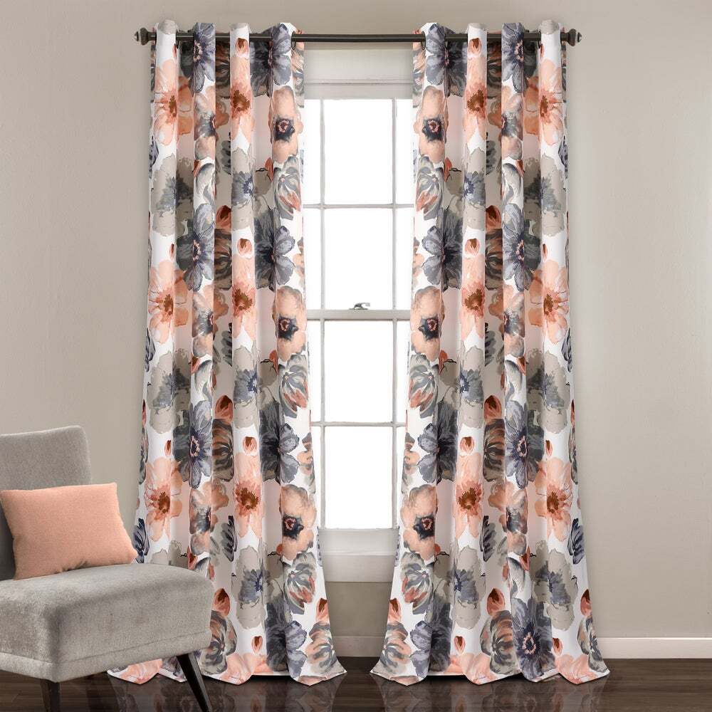 Set 2 Coral Gray White Floral Curtains Panels Drapes 63 84 95 108 in L Darkening