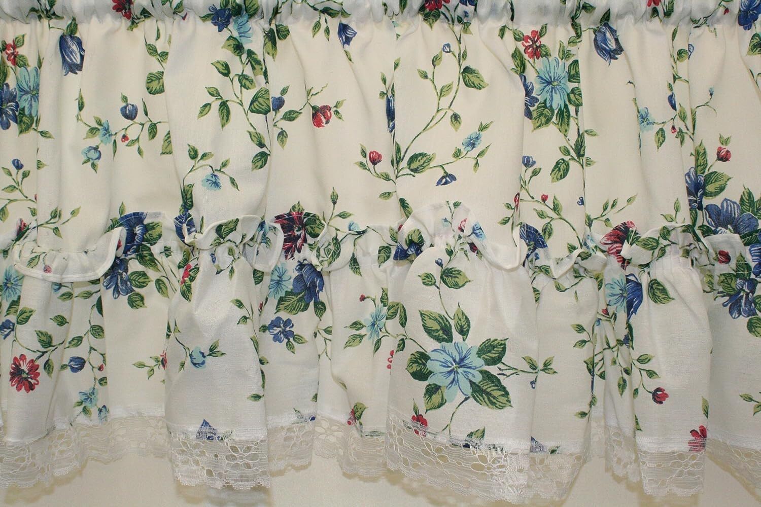 Country Floral Ruffled Valance Tiers Daisy Lace Trim Flowers Cafe Curtain