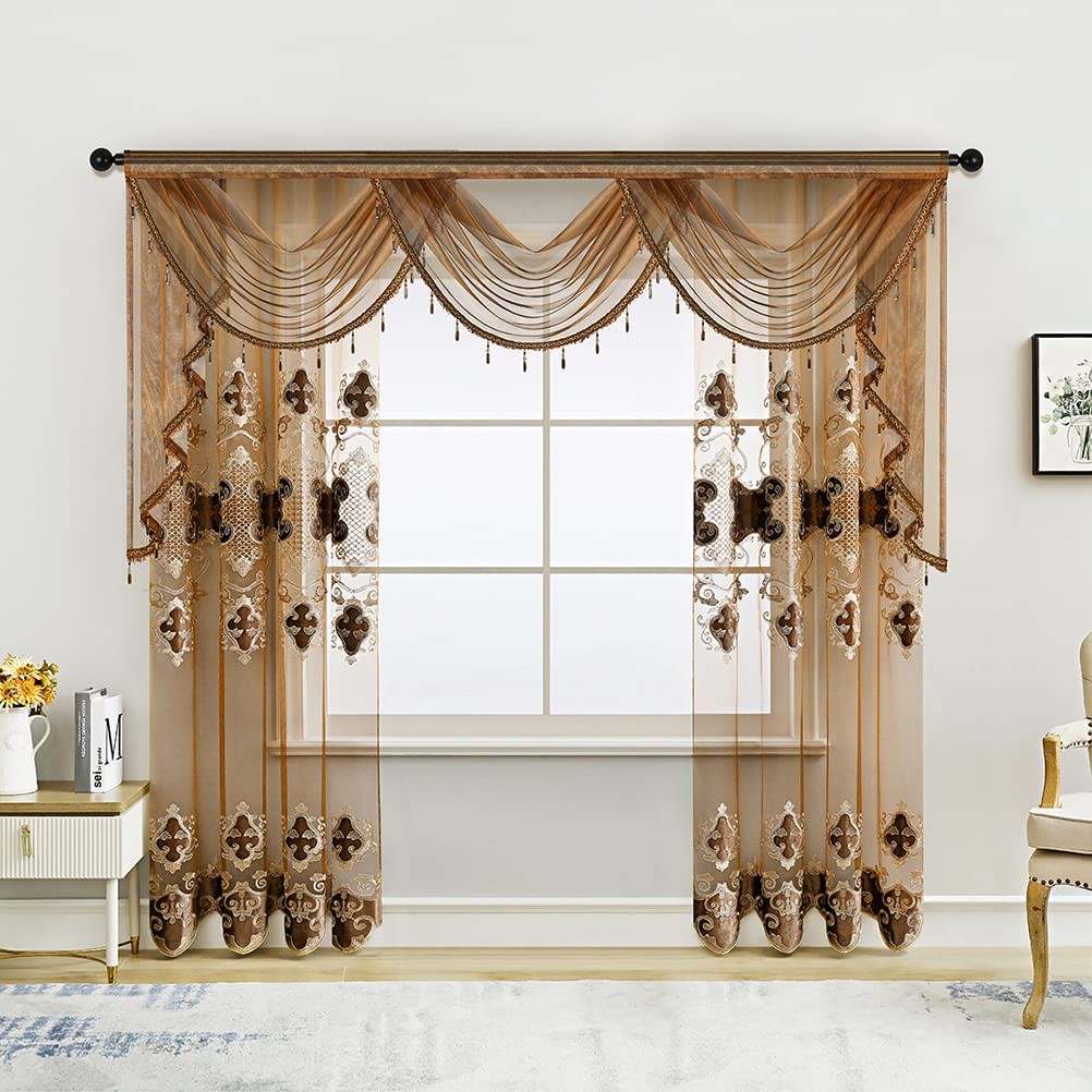 Elkca Luxury Embroidered Sheer Curtains For Living Room Chocolate Tulle