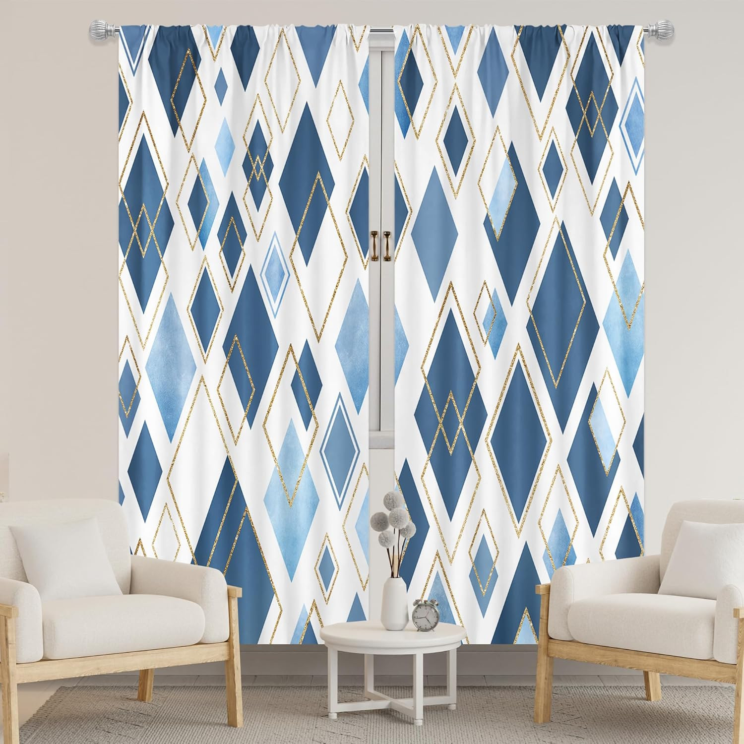 Abstract Blue Geometry Curtains 52Wx84H Inch Rod Pocket Modern Minimalist Geomet