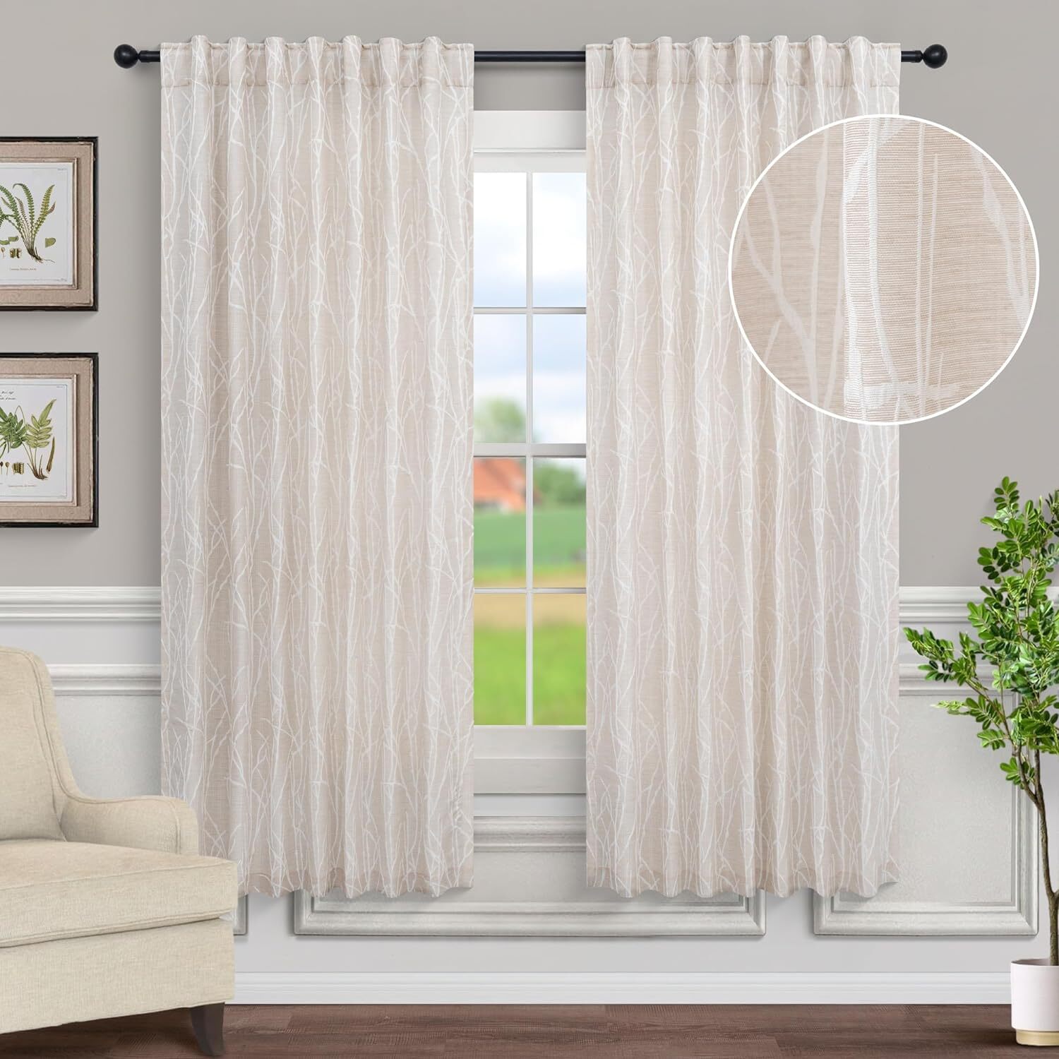 84″ Linen Textured Curtains 2 Panels Gray White Tree Branch Semi Blackout Farmho