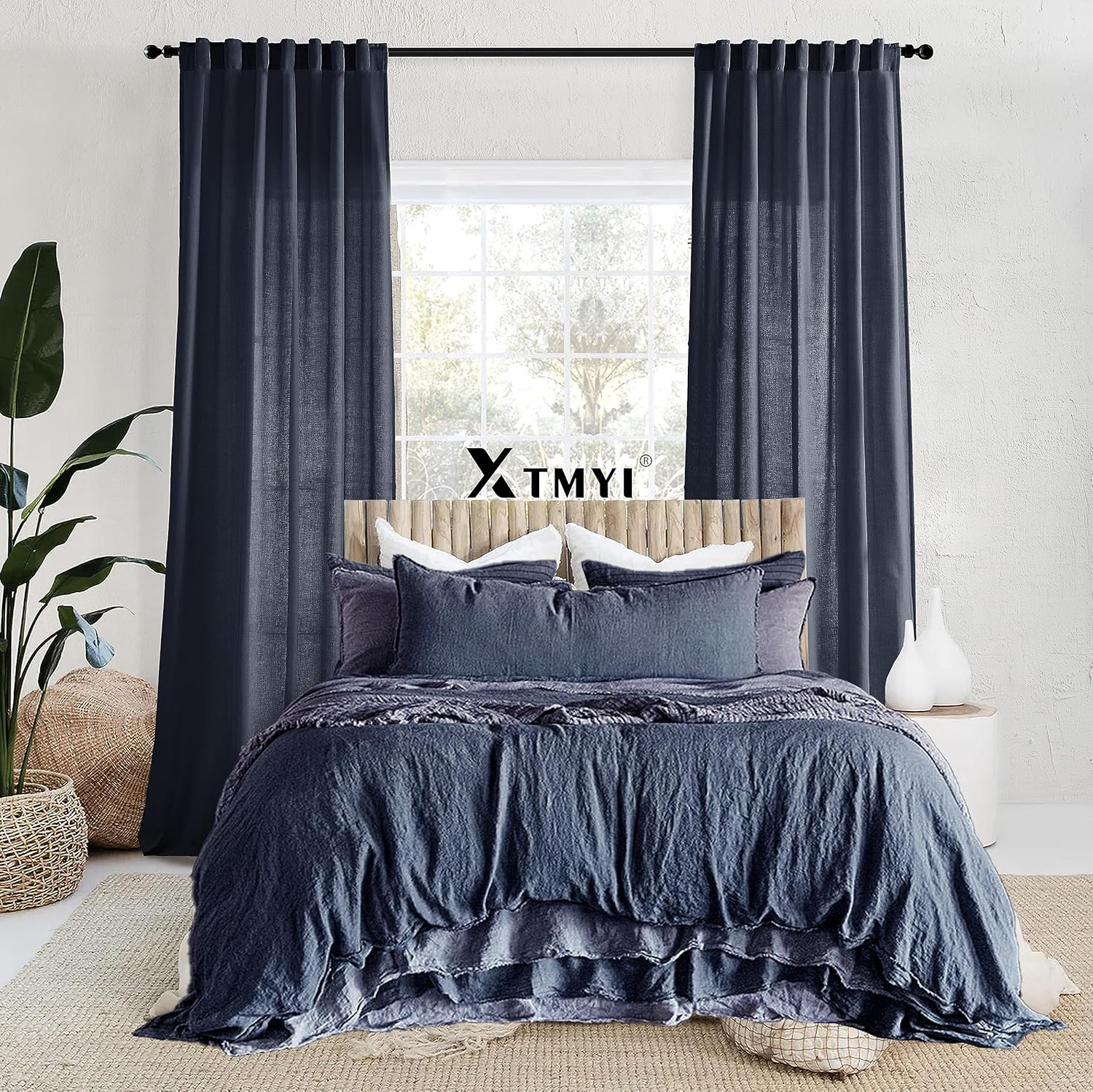 Indigo Blue Curtains 108 Inches Long for Living Room 2 Panels Set Back Tab Hook