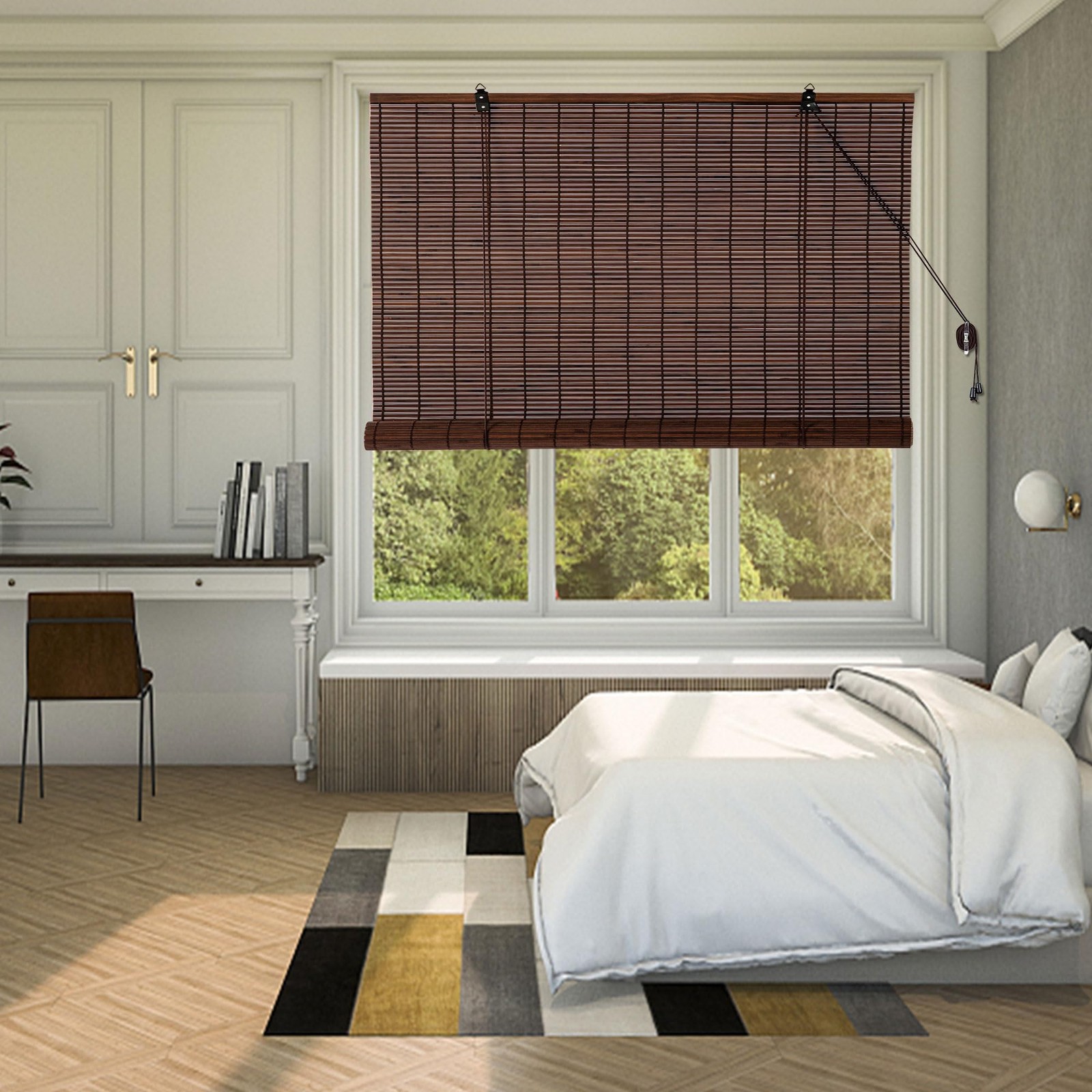 XuSymoz Bamboo Roll Up Shades 60″ W x 72″ L, Light Filtering Brown Blinds, Ea…