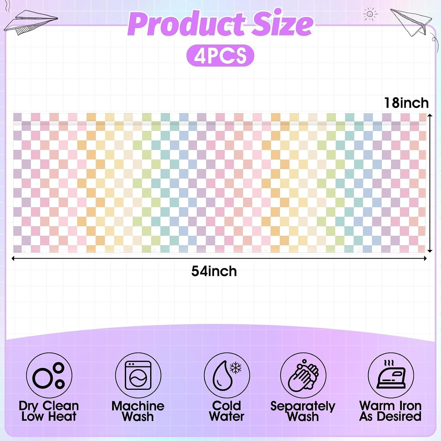 4PCS Pastel Checkered Classroom Curtains Rainbow Checkered Kitchen Valances for