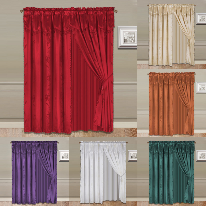 NEW LUXURY FAUX JACQUARD WINDOW PANEL WITH ATTACHED VALANCE NADA SET 120″ WIDE