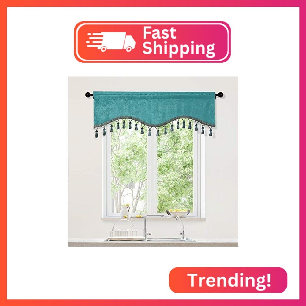 ELKCA Double-Sided Chenille Window Curtains Tier for Kitchen Turquoise Scalloped