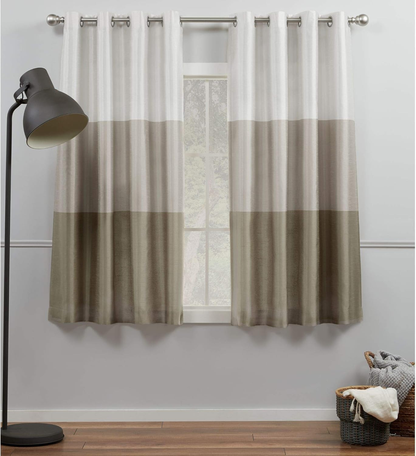 Chateau Striped Faux Silk Grommet Top Curtain Panel Pair, 54″X63″, Taupe