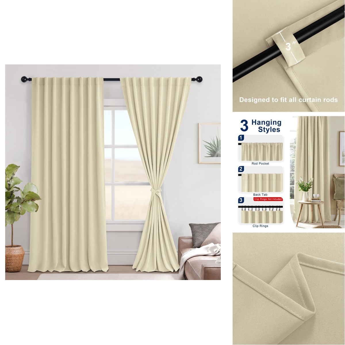 Hiasan Room Darkening Curtains 2 Panels For Bedroom Back Tab Rod Pocket