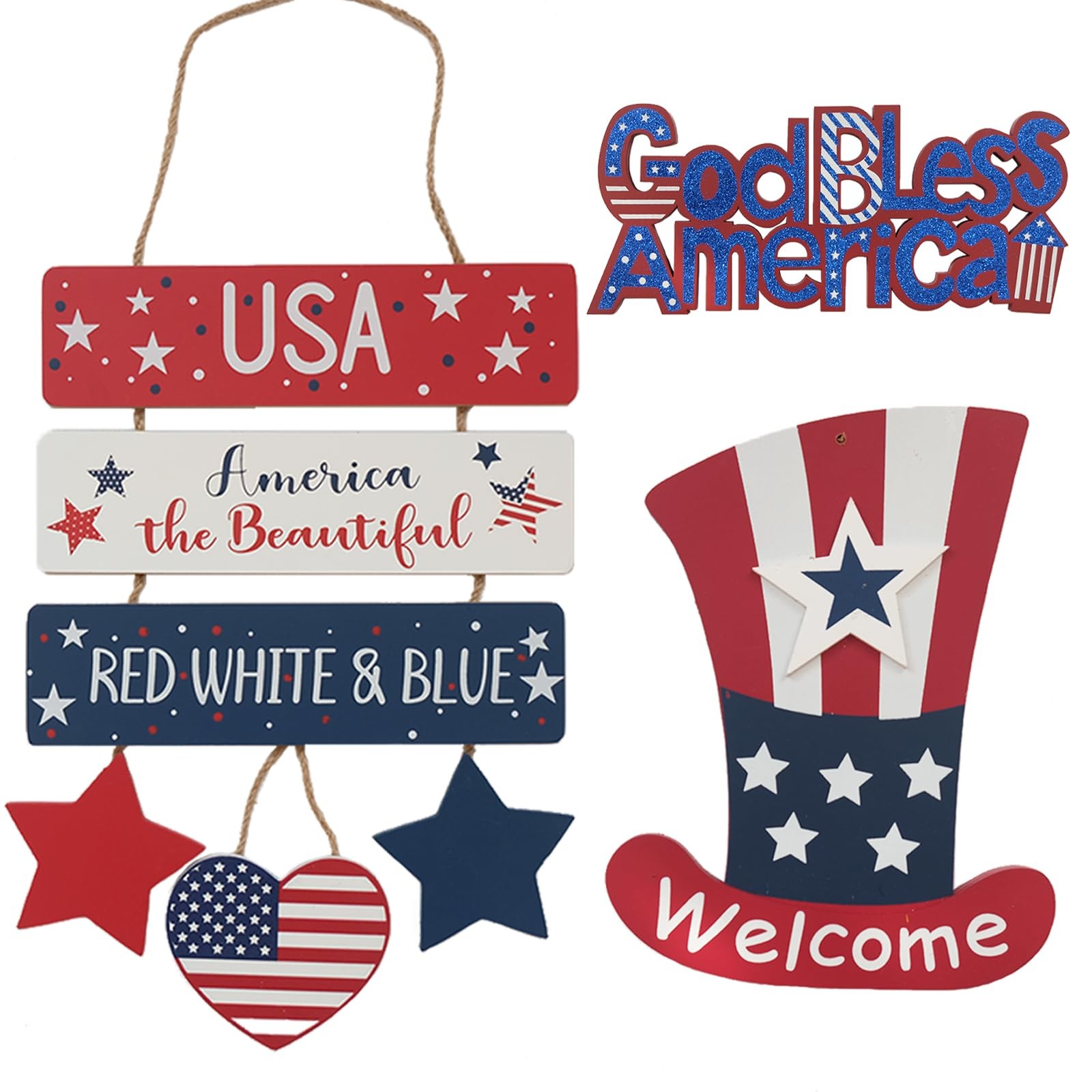 4th of July Decorations Patriotic Wooden Hanging Signs, 3 Pcs USA Welcome Door