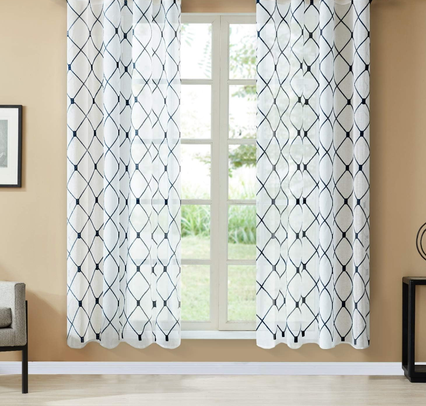 Embroidery Sheer Curtains White and Navy Blue Set of 2 72″L x 54″W Window Treatm