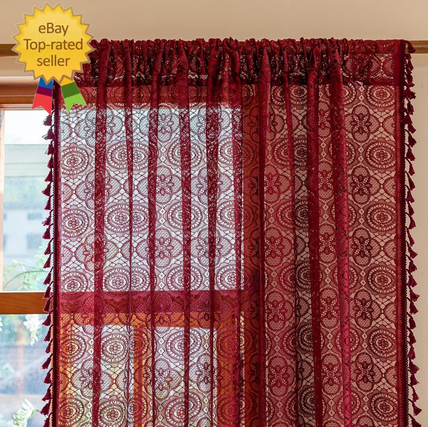 Boho Lace Curtains 90 Inches Long 2 Panels -Vintage Floral Crochet Sheer Panels
