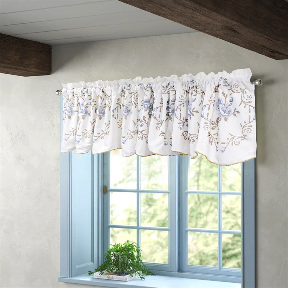 Pastoral Floral Embroidered Cafe Kitchen Window Curtain Valance 60″Wx19″L 1Panel