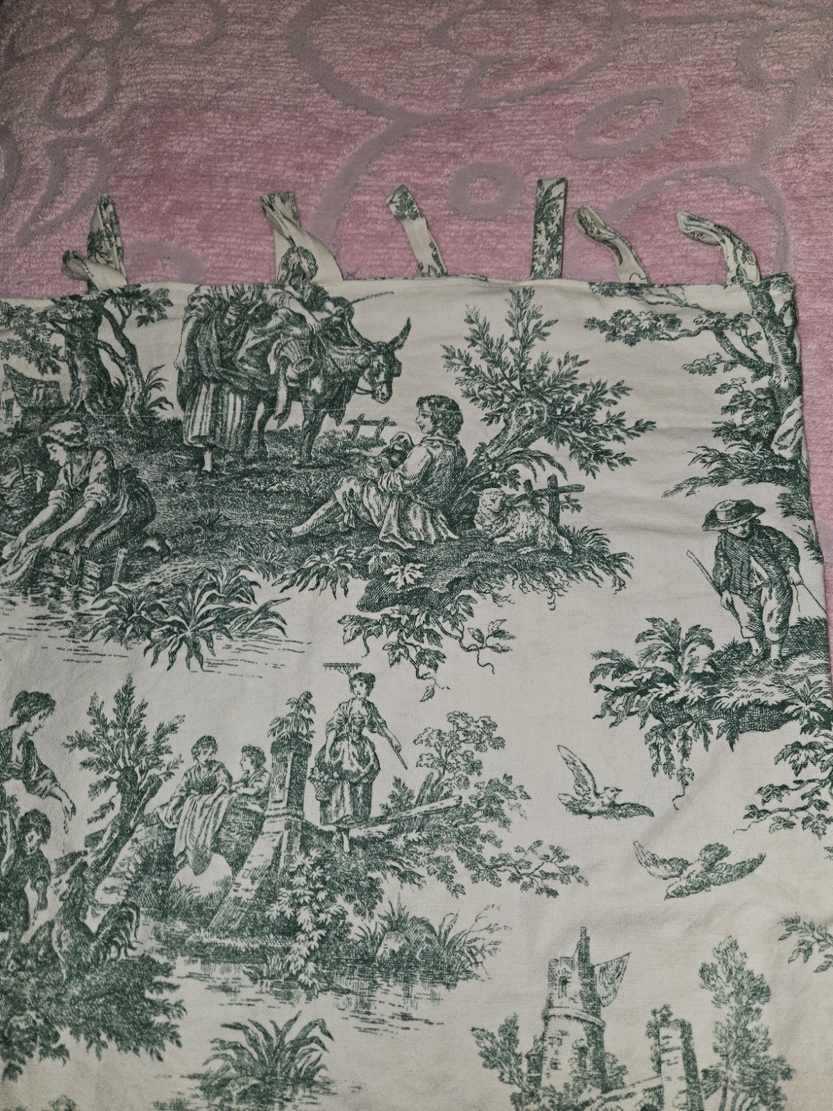Lot Of 3 Handmade Green French Pastoral Toile Tab Top Curtains Unlined 52″X 60″
