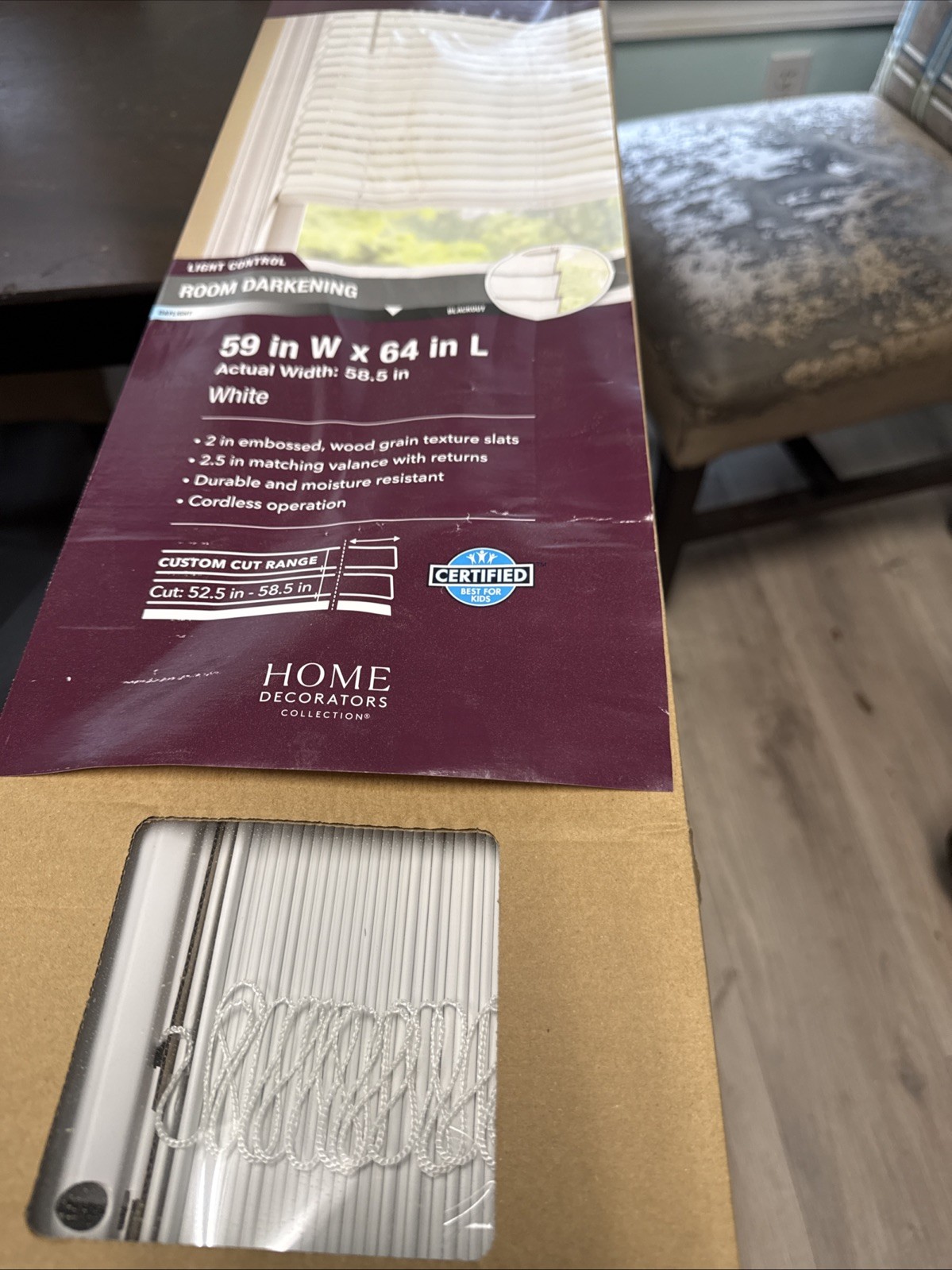 Faux wood Blind 2” New , Home Decorators 59in X 64in Length, White
