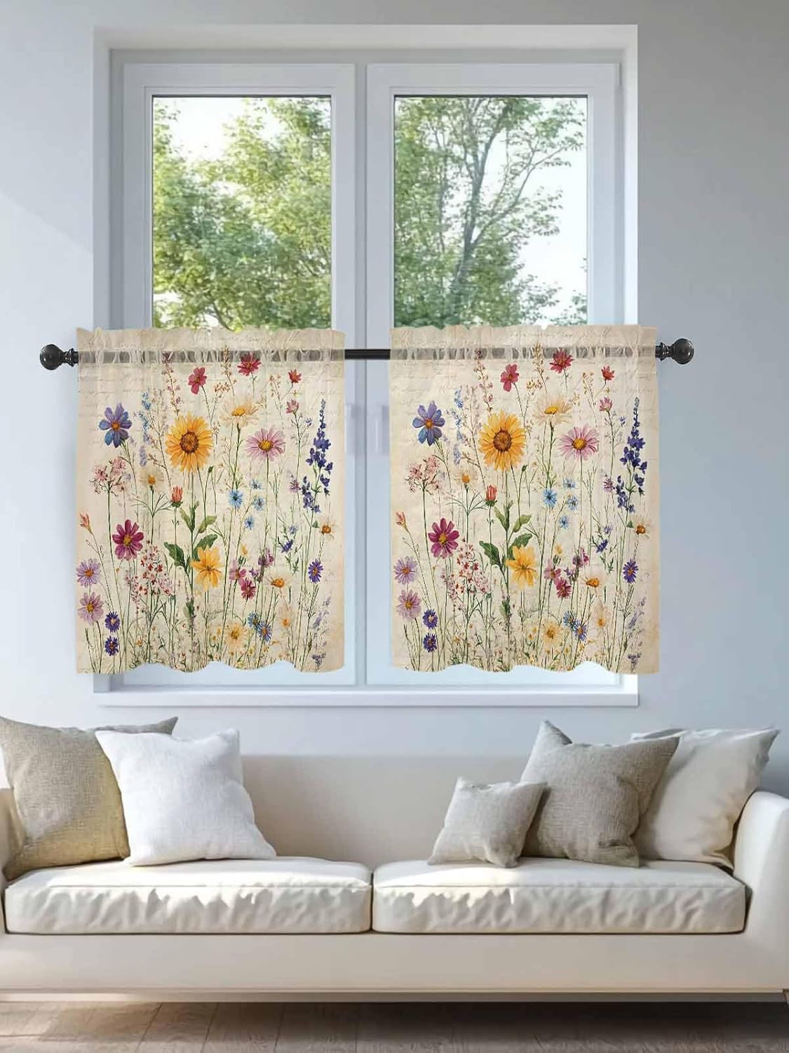 Botanical Floral Sheer Curtains for Bedroom Living Room Window Tier Curtain 36 I