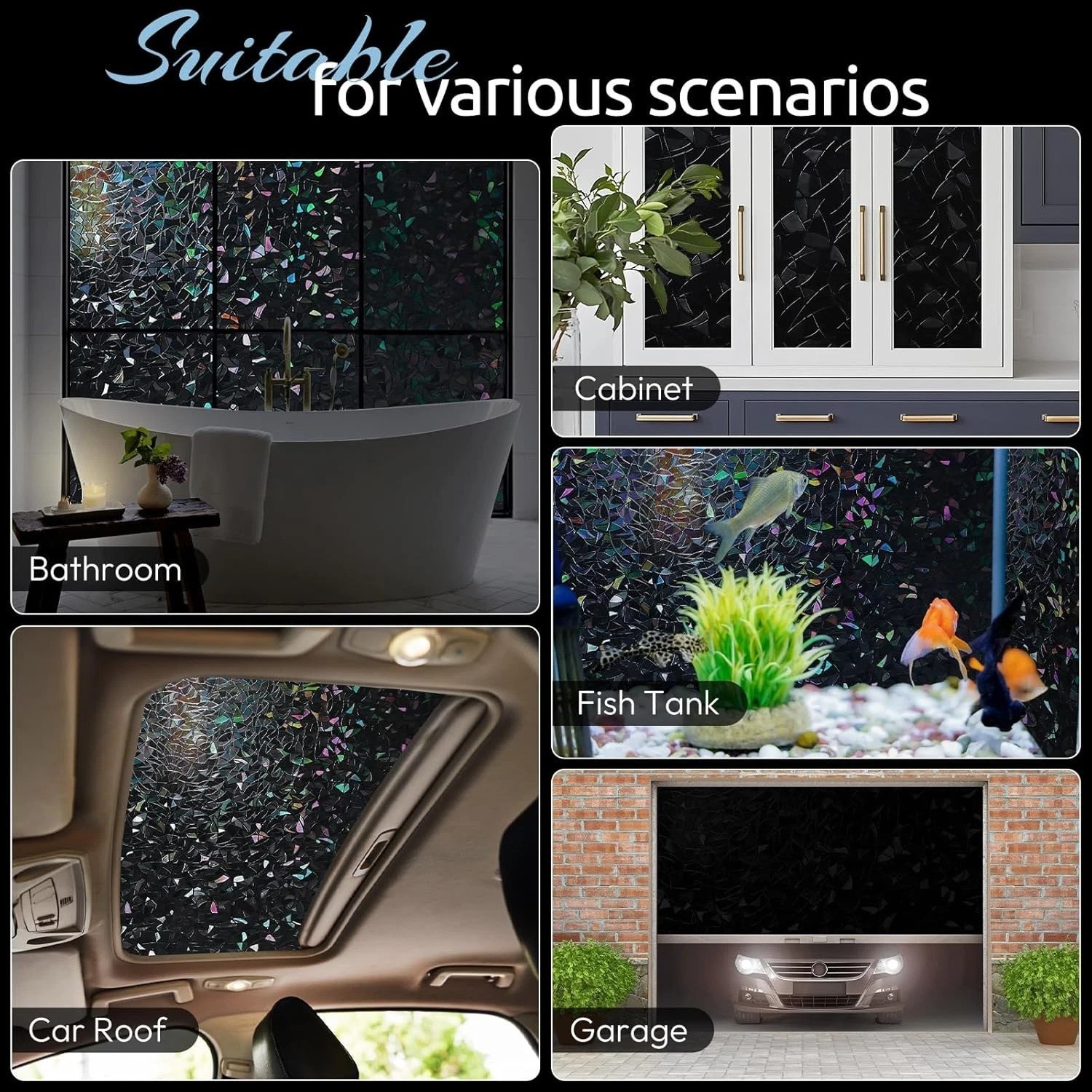 Black 3D Stained Glass Window Film: Room Darkening & UV Protection, 17.5×157.4in