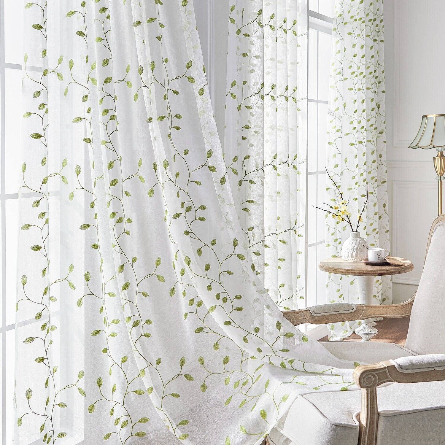 2 Panels Embroidered Leaves Semi Sheer Voile Window Curtains Drapes Living Room