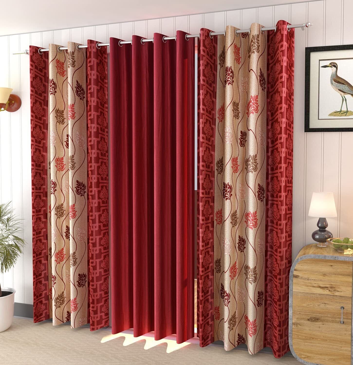 3 Piece Leaf Printed Shaded Ringtop Door Window Curtains Set 5 7 9 Feet – Red