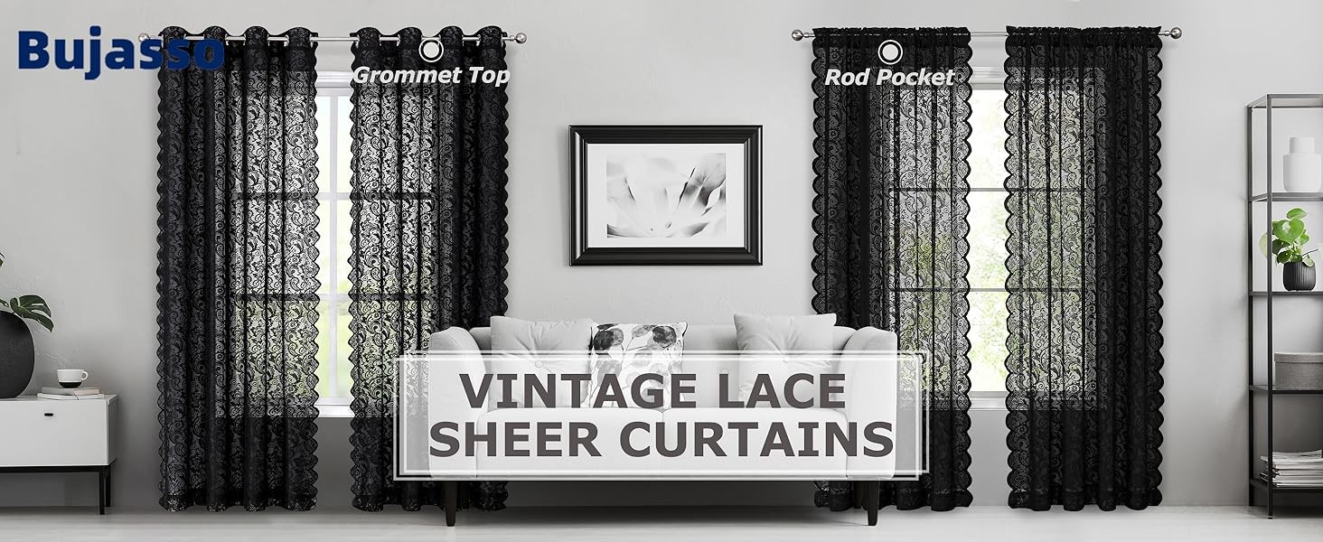 Black Sheer Lace Curtains 84 inch Vintage Floral Sheer Window Curtain Panels for