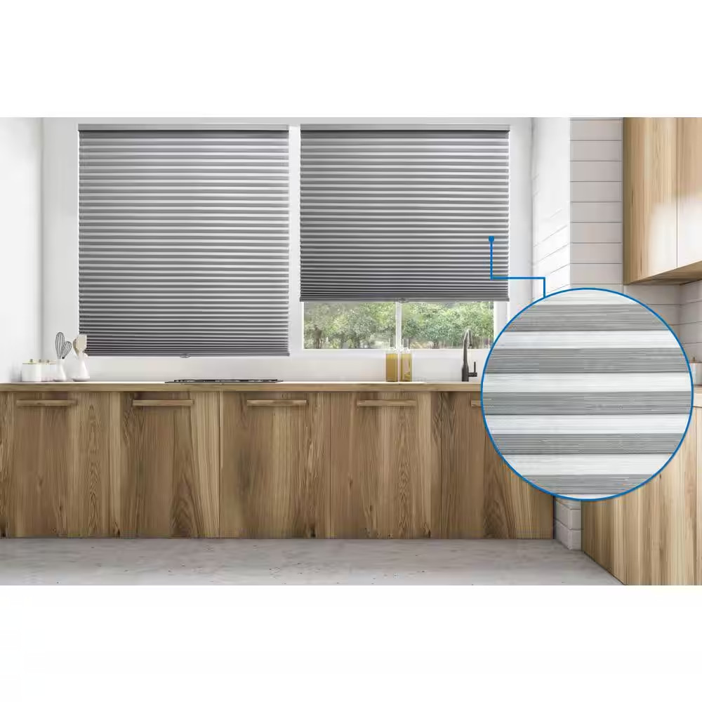 Gray Cordless Blackout Fabric Designer Print Pebble 9/16 In. Single Cell Cellula