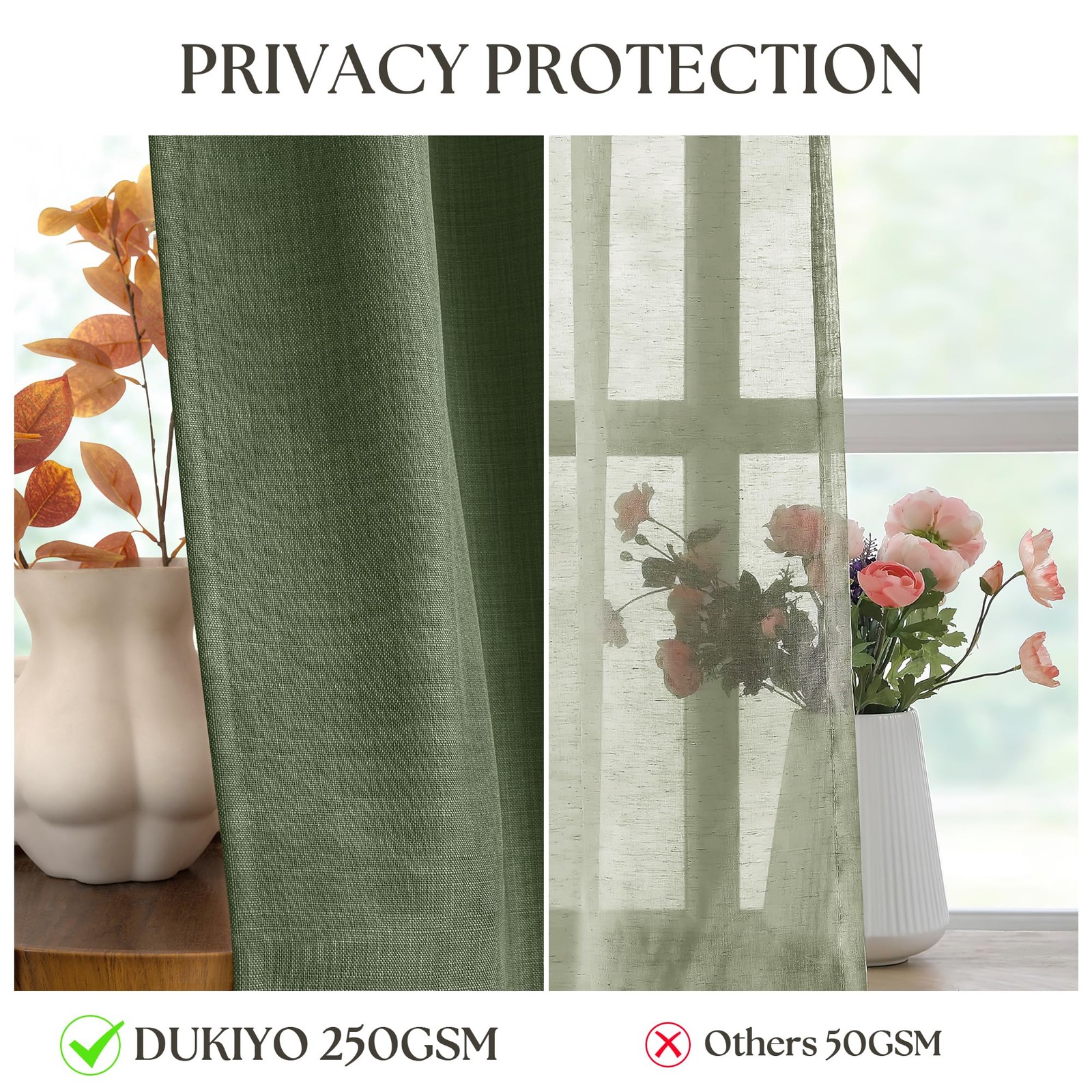 DUKIYO Dark Olive Green Curtains 84 Inch Length 2 Panels Set Linen Flax Semi …
