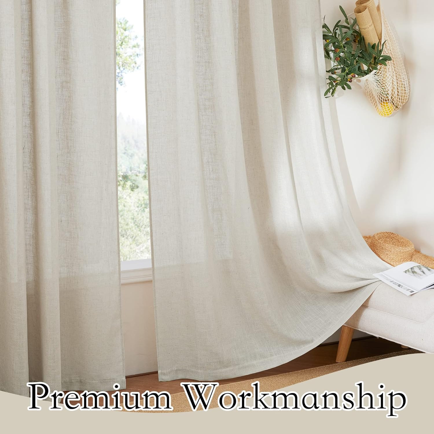 Linen Semi Sheer Curtains, Light Filtering Drapes, 2 Panels, Angora, 70″x108