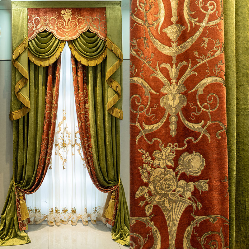 classical European chenille printing red green thick curtain valance tulle M1524