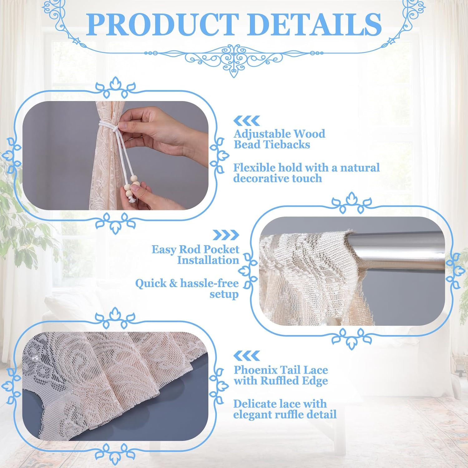 2 Pcs 78 X 80 Inch Lace Ruffled Closet Curtain for Open Closet Vintage Lace Door