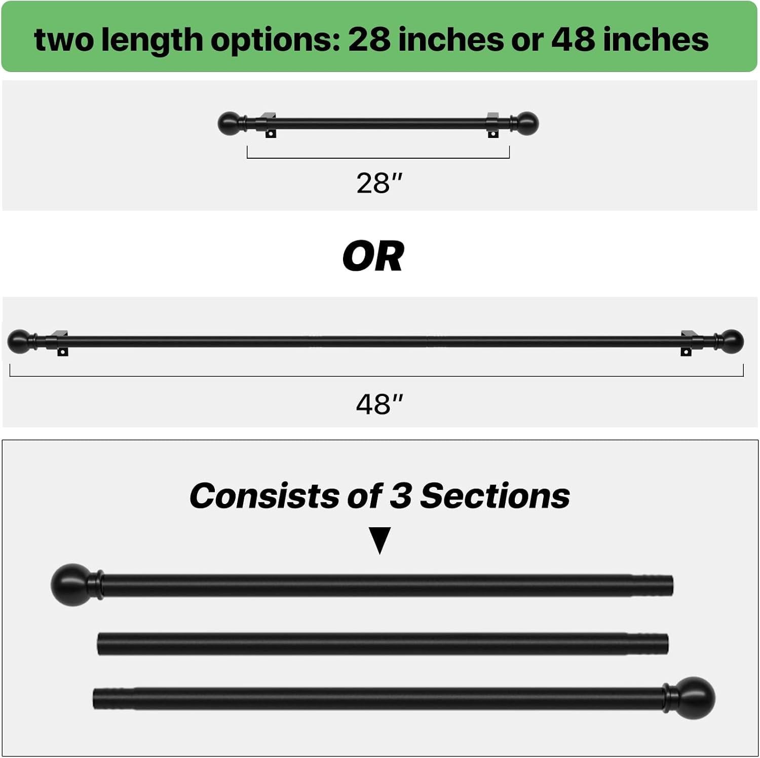 Curtain Rods for Windows 28 to 48 inch, 5/8 inch Black Curtain Rod Set with