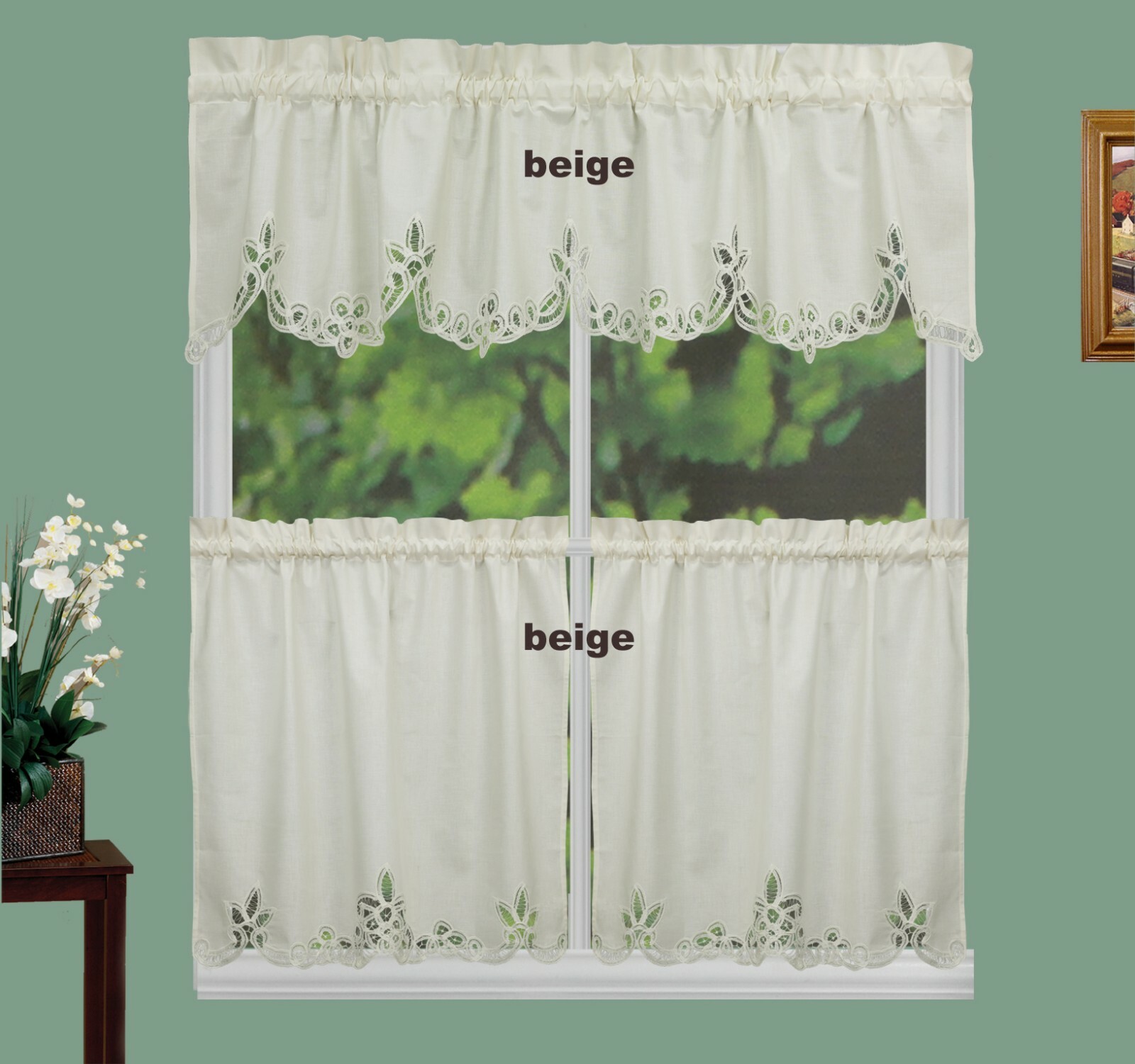 Battenburg Lace Kitchen Curtain Valance & Tiers (24″/30″/36″L) 3PCS Beige, White