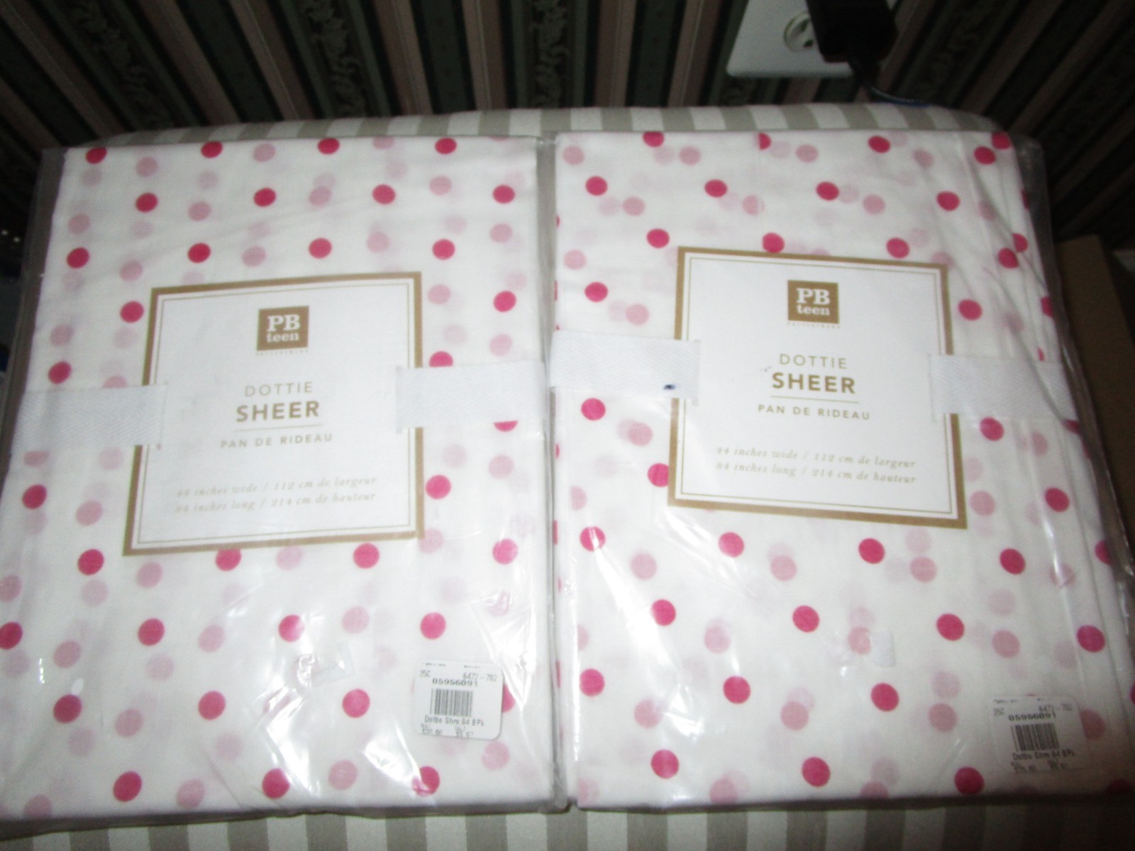 S/2 Pottery Barn Teen Dottie Sheer Pink Polka Dot Tie Top Curtain 44″ x 84″ NEW
