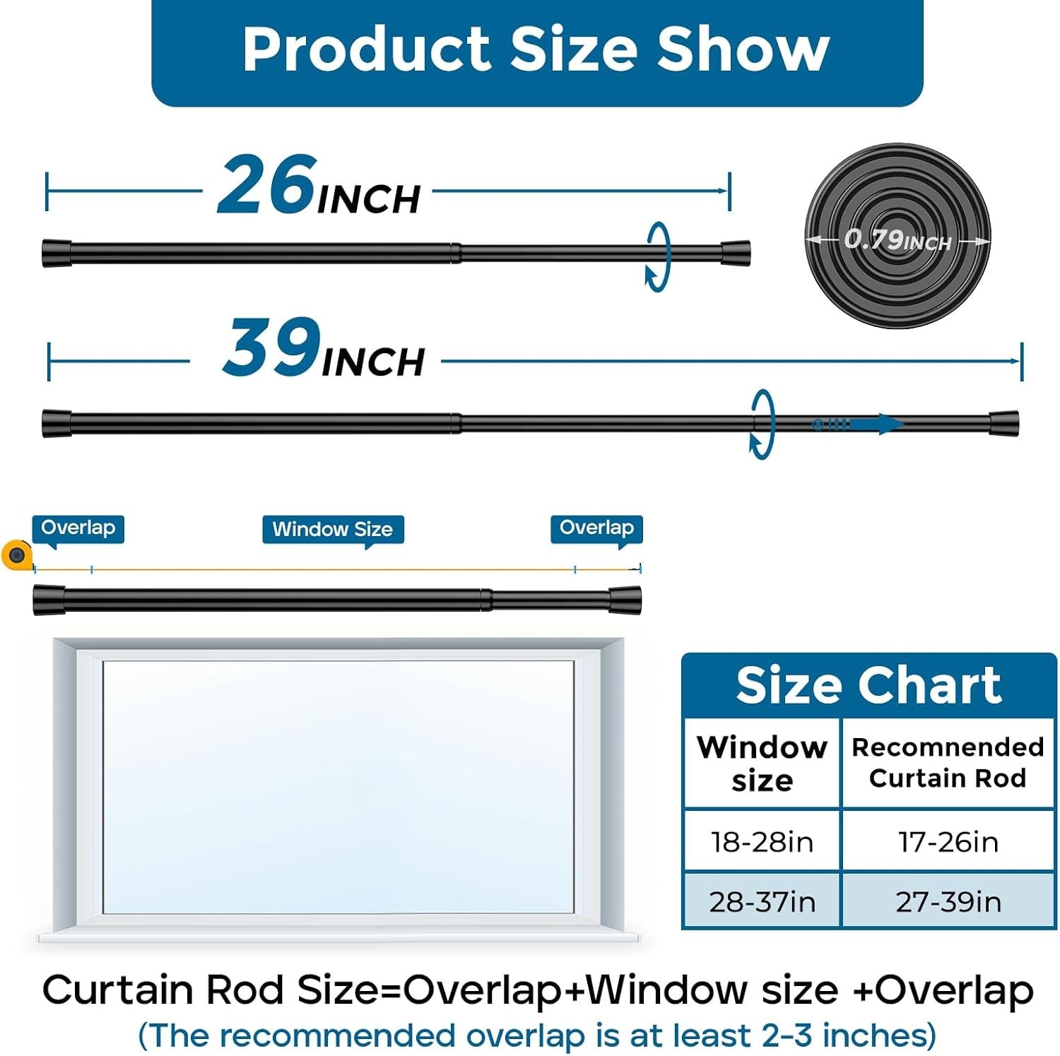 Spring Tension Curtain Rods: 26-39 Inch Adjustable, Black with Holders
