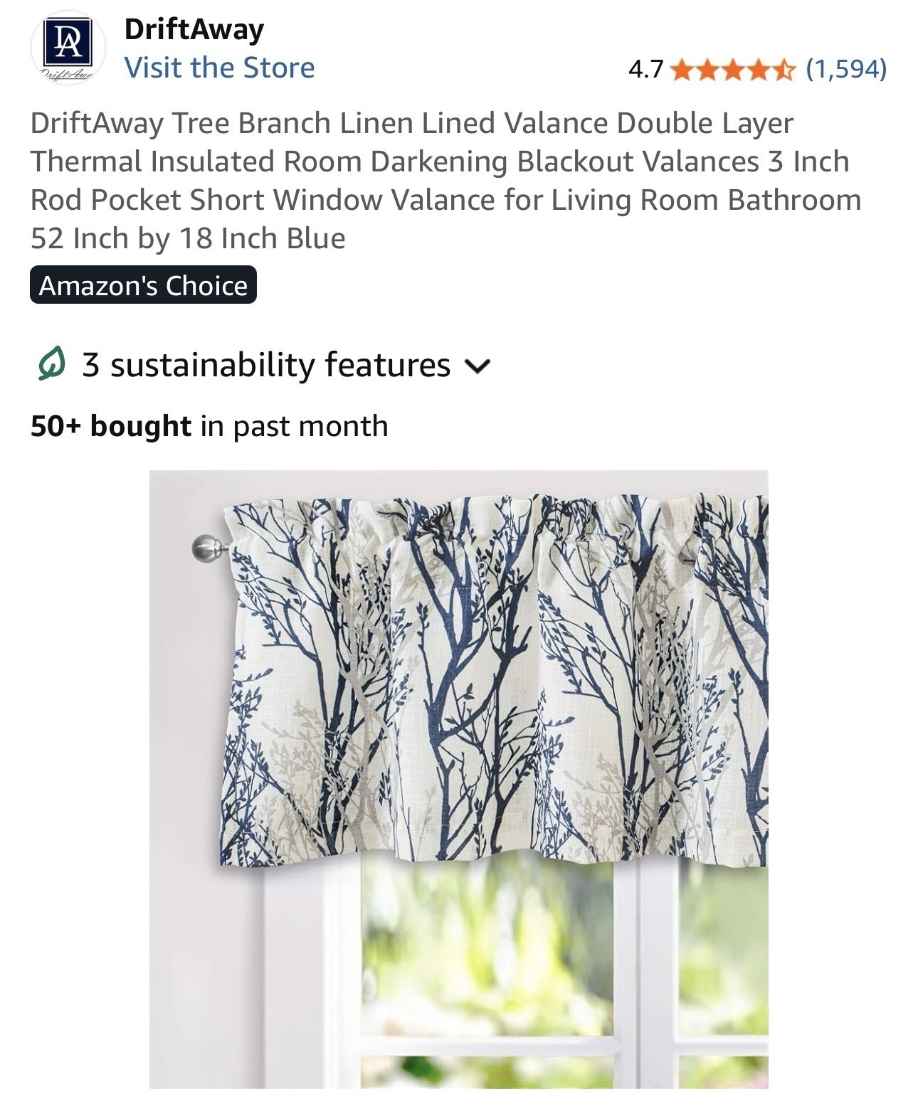 DriftAway Tree Branch Linen Blend Lined Blackout Rod Pocket Valance Blue 52 x 18