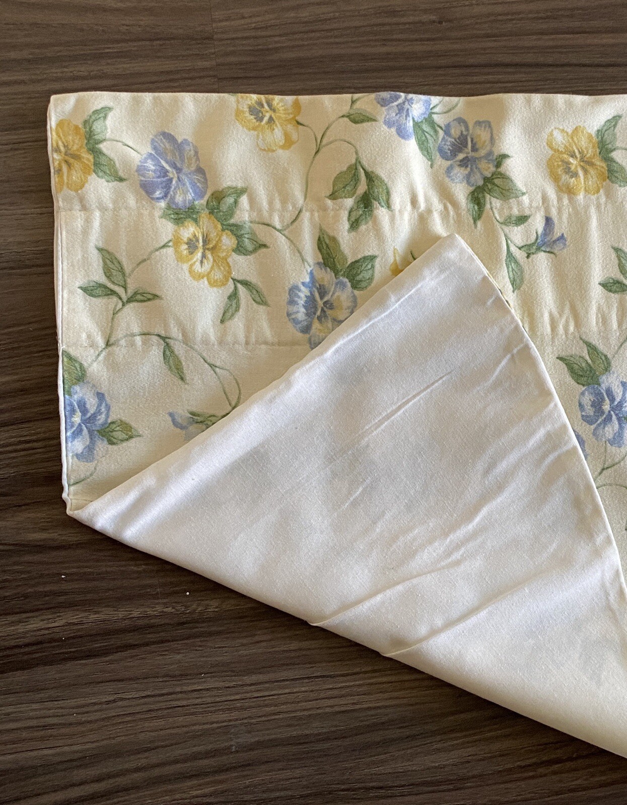 Set/3 lined scalloped valances 72″ x 19″ pale yellow pansies floral country farm