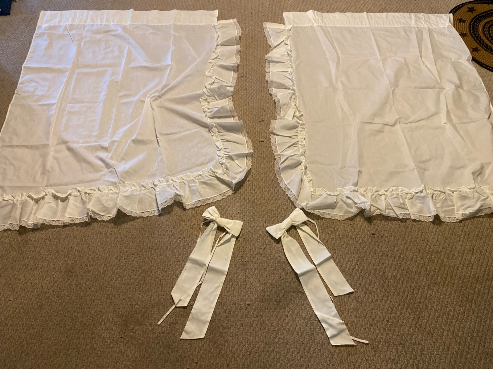 Pair Ivory Ruffled Curtains With Tie Back Bows Lace Trim 65″ Long Beautiful!