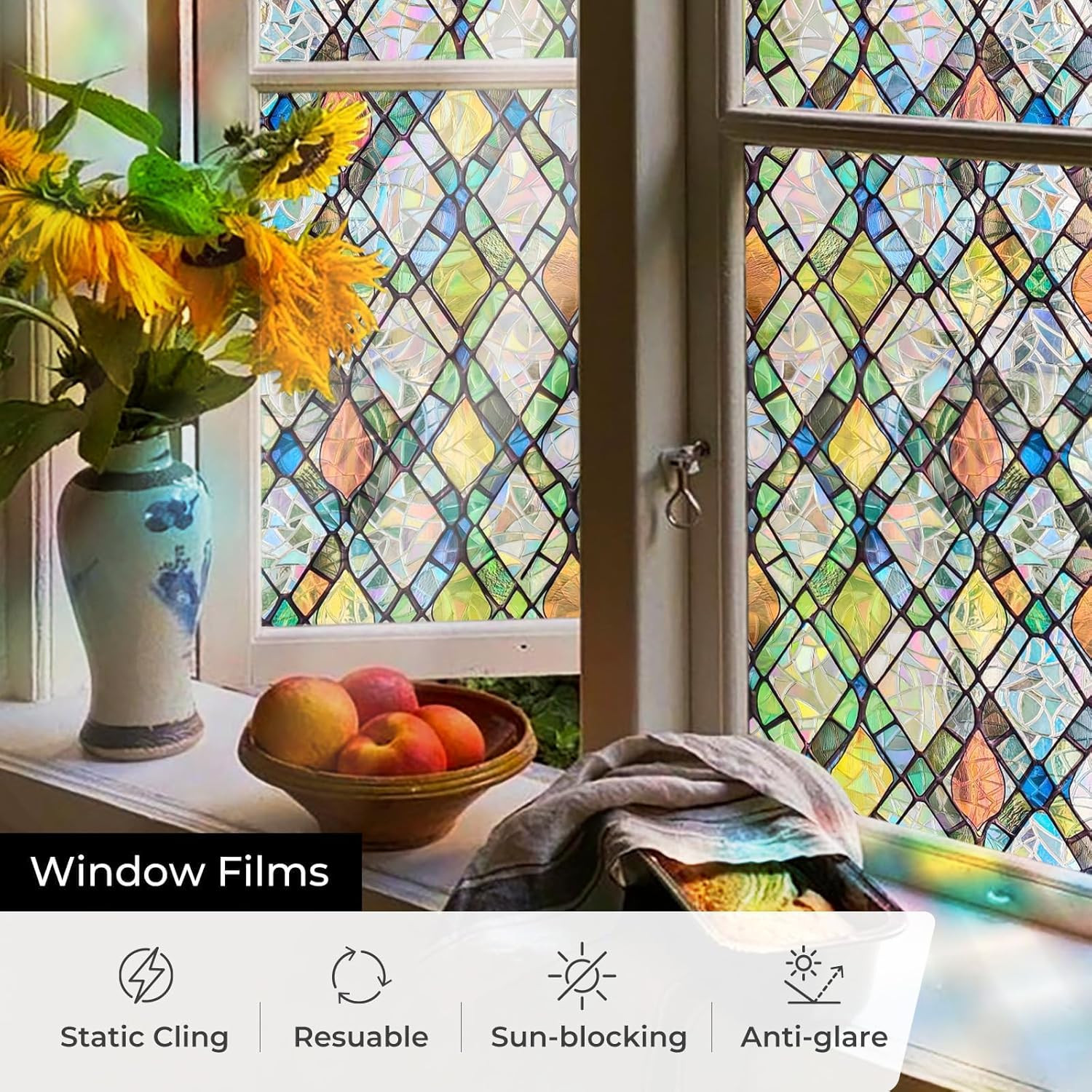 Window Privacy Film, Stained Glass Decorative Static Cling, Removable Laser Sun
