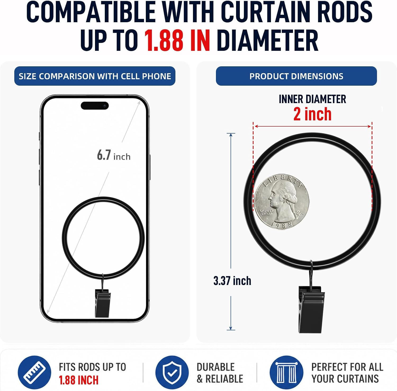 44 Pack Curtain Rings with Clips Hooks 2 in Diameter Rustproof | Matte